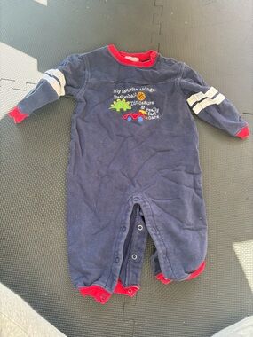 Carter's Navy Blue One-Piece with Red Trim & Dino Car Embroidery